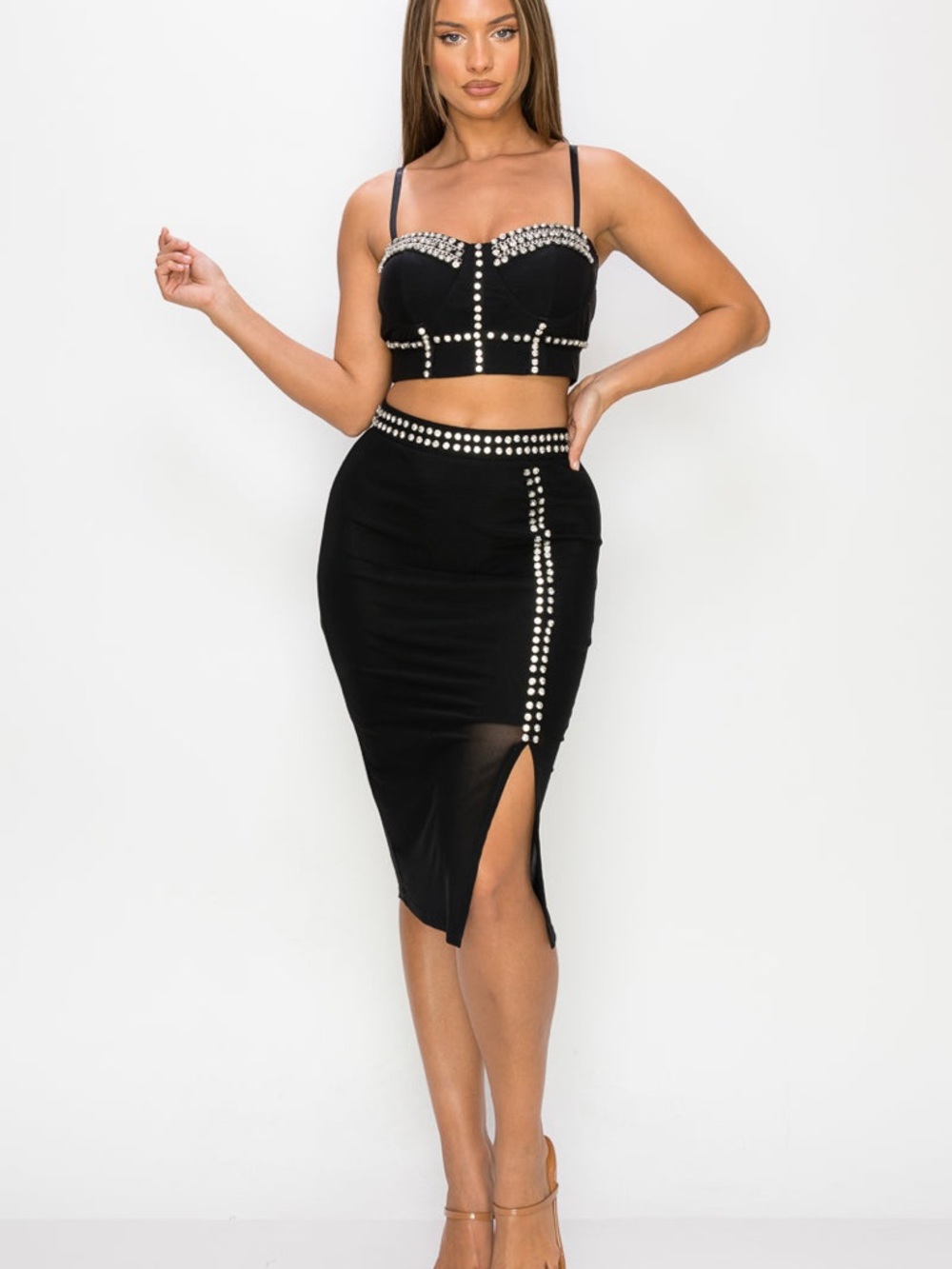 Black Crystal-Embellished Crop Top & High-Slit Skirt Set - Picture 5 of 8